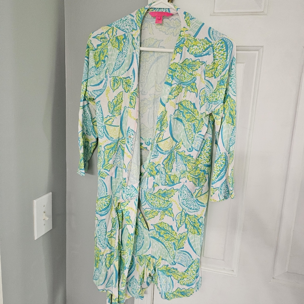 Lilly Pulitzer Aqua, Lime & Pink Tropical Leaf Wrap Dress Romper